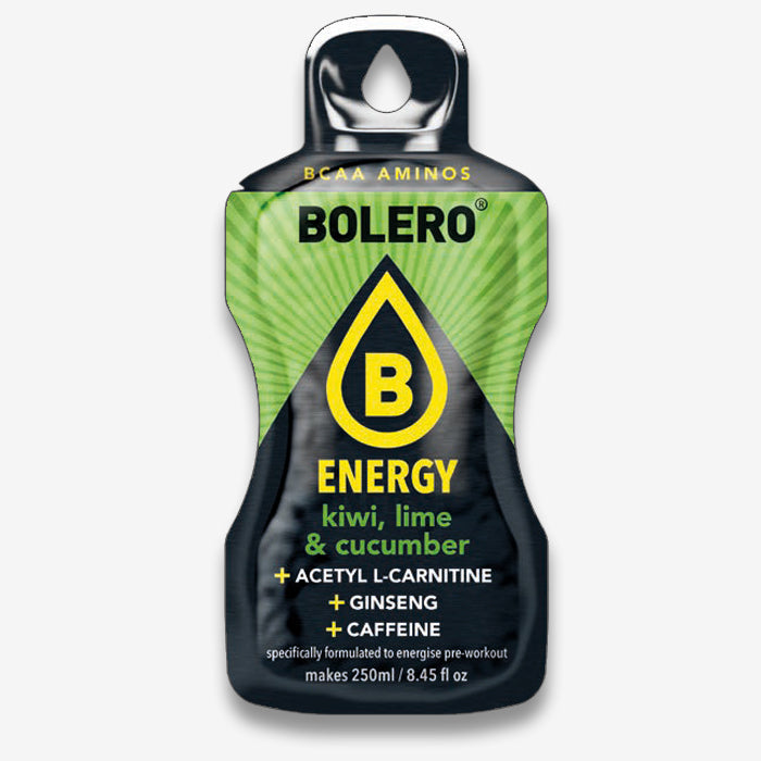 Bolero Energy Kiwi Limette Gurke Getränkepulver Beutel mit Koffein, Acetyl L-Carnitine, Ginseng und ohne Zucker